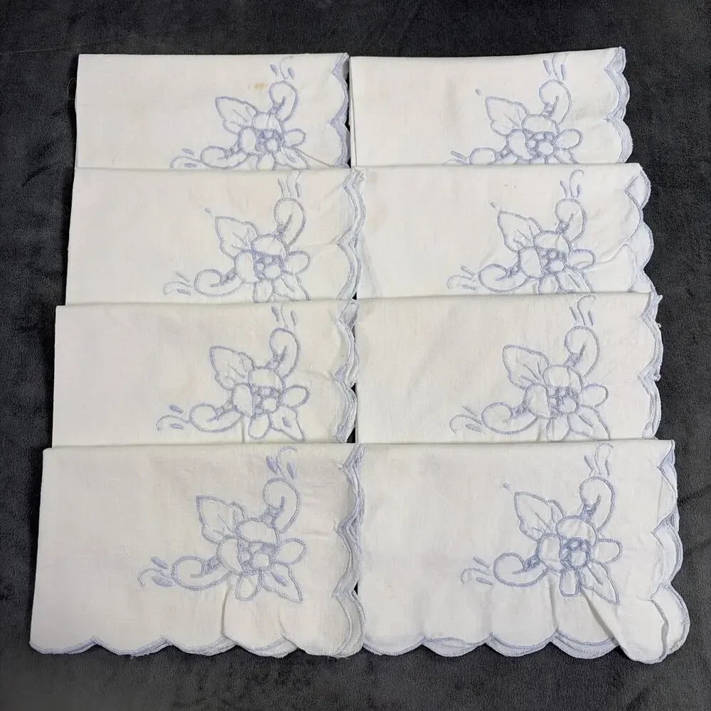 Vintage Cloth Napkins White/Blue Floral Corner Embroidery Scalloped Edge (8)